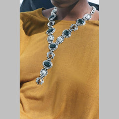 Vintage Ethnic Gemstone Silver Green Brown Y Necklace For Women