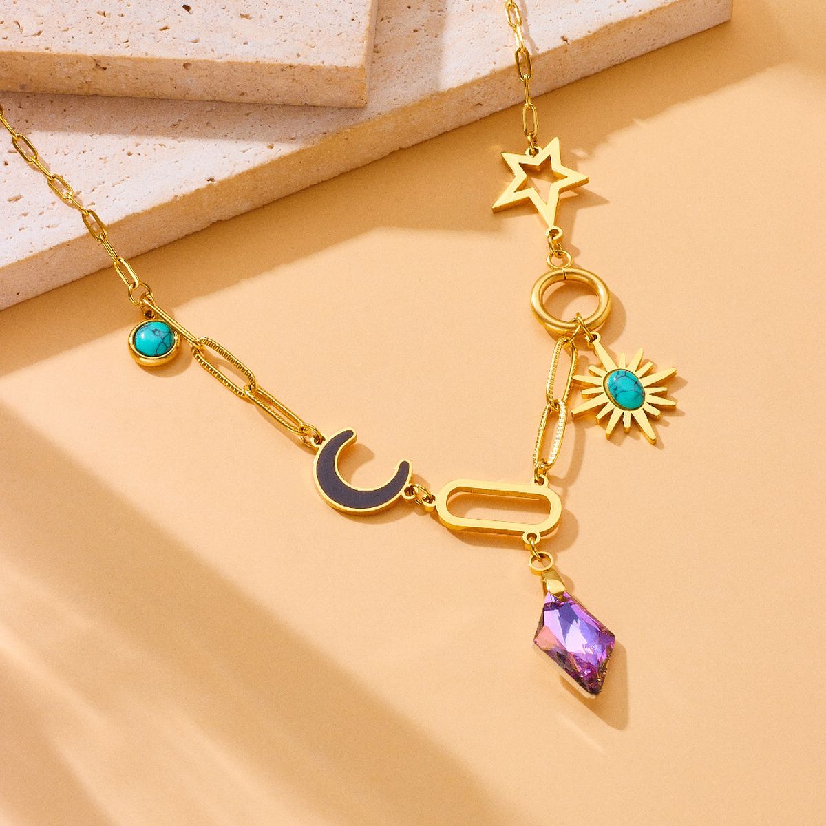 Moon Sun Star Stainless Steel Crystal Beads 18K Gold Multi Charm Link Chain Necklace For Women