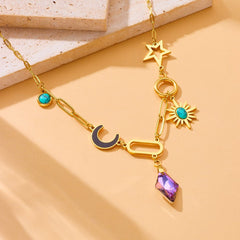 Moon Sun Star Stainless Steel Crystal Beads 18K Gold Multi Charm Link Chain Necklace For Women