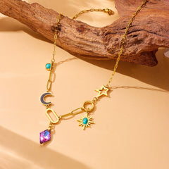 Moon Sun Star Stainless Steel Crystal Beads 18K Gold Multi Charm Link Chain Necklace For Women Group1