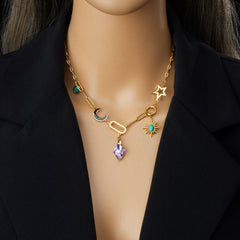 Moon Sun Star Stainless Steel Crystal Beads 18K Gold Multi Charm Link Chain Necklace For Women Group1