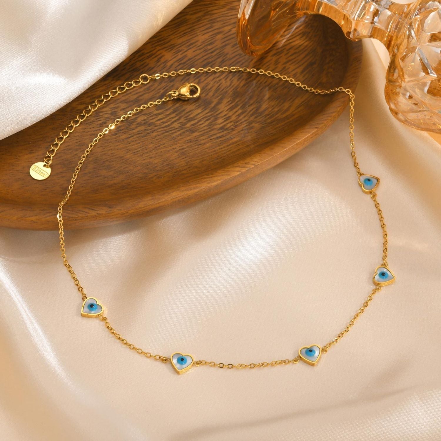 Heart Evil Eye Stainless Steel Mother Of Pearl 18K Gold White Link Chain Necklace For Women