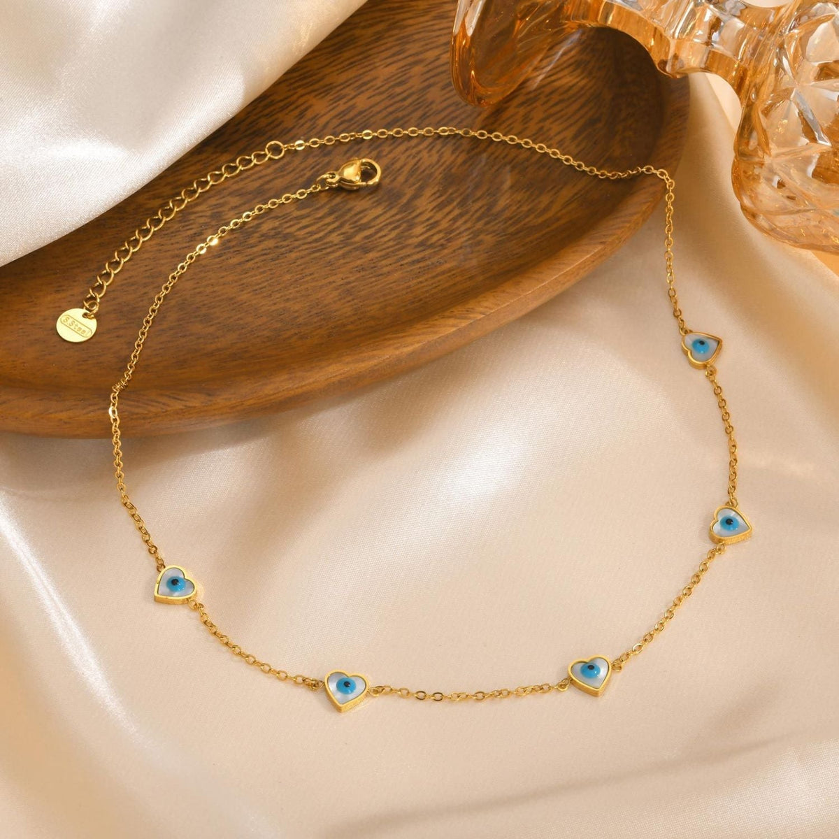 Heart Evil Eye Stainless Steel Mother Of Pearl 18K Gold White Link Chain Necklace For Women