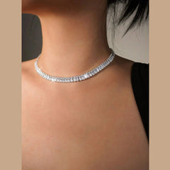 Baguette Solitaire Silver Cubic Zirconia Chain Necklace For Women