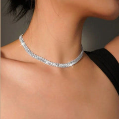 Baguette Solitaire Silver Cubic Zirconia Chain Necklace For Women