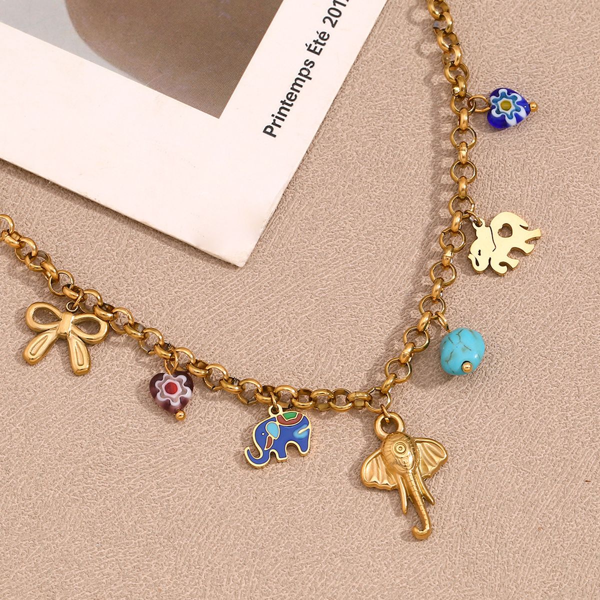 Elephant Beads Enamel Multicolour 18K Gold Stainless Steel Anti Tarnish Charm Necklace For Women