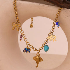 Elephant Beads Enamel Multicolour 18K Gold Stainless Steel Anti Tarnish Charm Necklace For Women