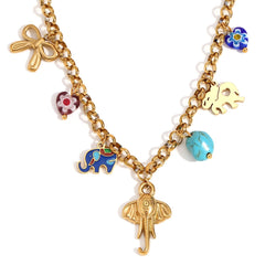 Elephant Beads Enamel Multicolour 18K Gold Stainless Steel Anti Tarnish Charm Necklace For Women