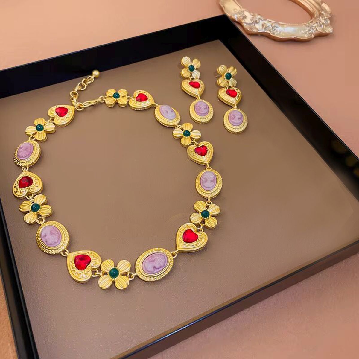 Heart Flower Crystal Beads 18K Gold Multi Necklace Earring Set For Women