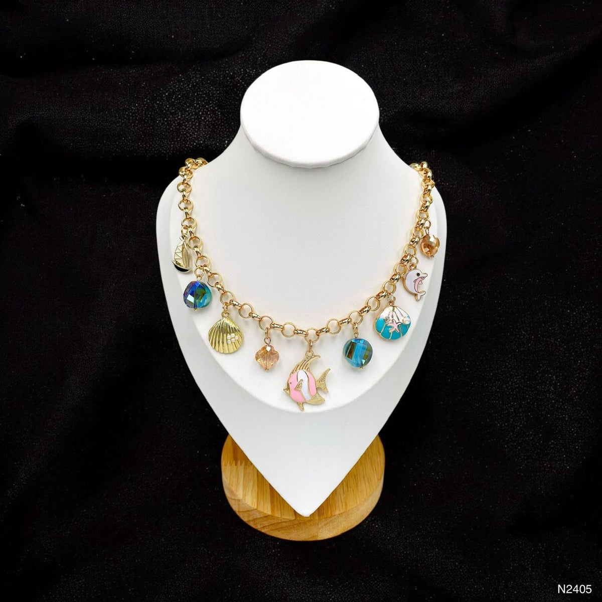 Fish Charm Enamel Multicolour 18K Gold Anti Tarnish Chain Necklace For Women