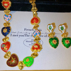 Rainbow Heart Crystal Pearl Enamel 18K Gold Multi Necklace Earring Set For Women