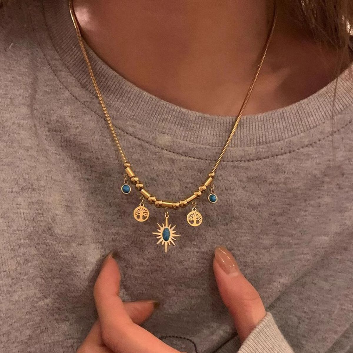 Sun Tree 18K Gold Gemstone Anti Tarnish Snake Chain Necklace For Women