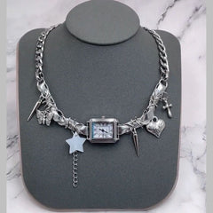 Butterfly Heart Star CZ Silver White Anti Tarnish Watch Necklace