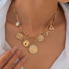 Sun Evil Eye 18K Gold Cubic Zirconia Anti Tarnish Link Chain Necklace For Women