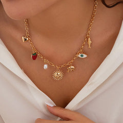 Sun Heart Strawberry Evil Eye 18K Gold Anti Tarnish Charm Necklace Chain For Women