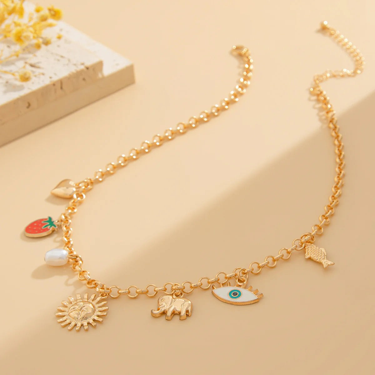 Sun Heart Strawberry Evil Eye 18K Gold Anti Tarnish Charm Necklace Chain For Women