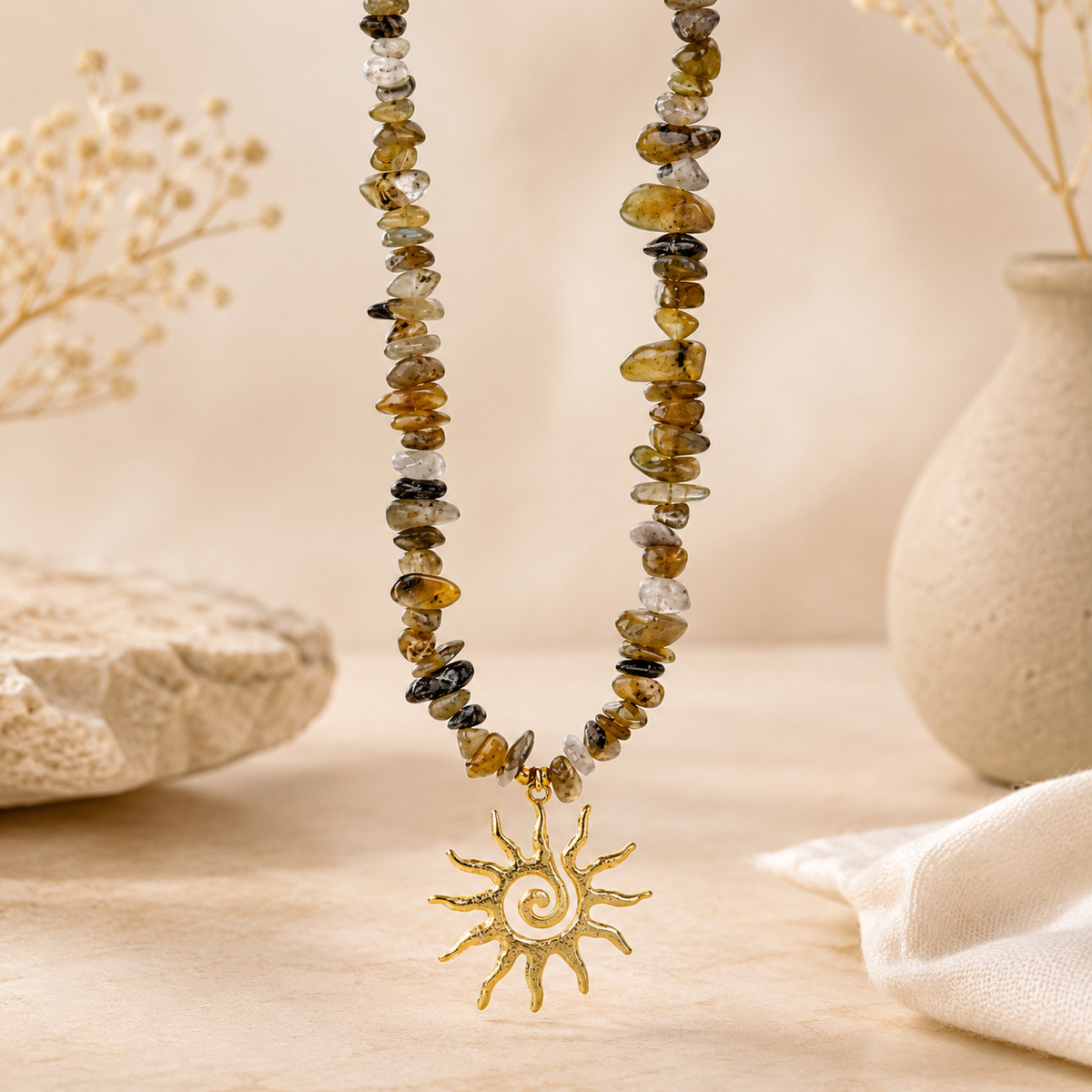 Natural Gemstone Chip Gold Beads Anti Tarnish Stainless Steel Necklace
