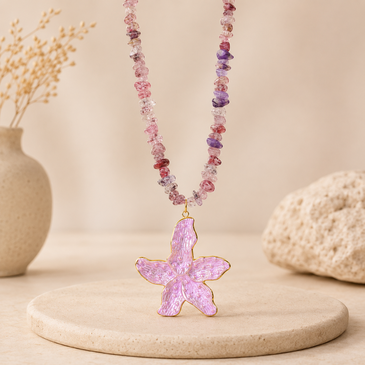 Natural Gemstone Chip Gold Beads Anti Tarnish Stainless Steel Necklace