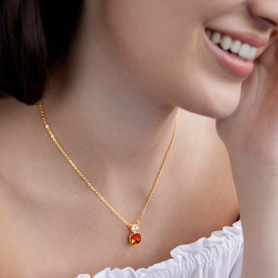 Orange Elegant Square Cut Rose Silver Gold Plated CZ Brass Necklace