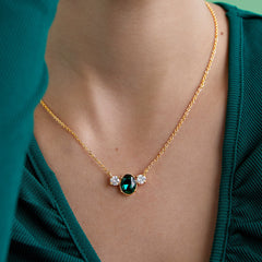 Elegant Green Oval Rose Silver Gold CZ Anti Tarnish Brass Necklace