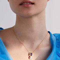 Elegant Emerald Cut Rose Silver Gold Plated CZ Pearl Brass Necklace