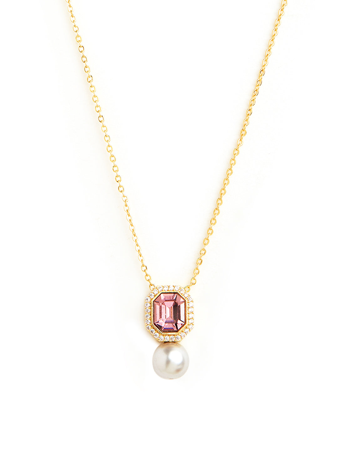 Elegant Emerald Cut Rose Silver Gold Plated CZ Pearl Brass Necklace
