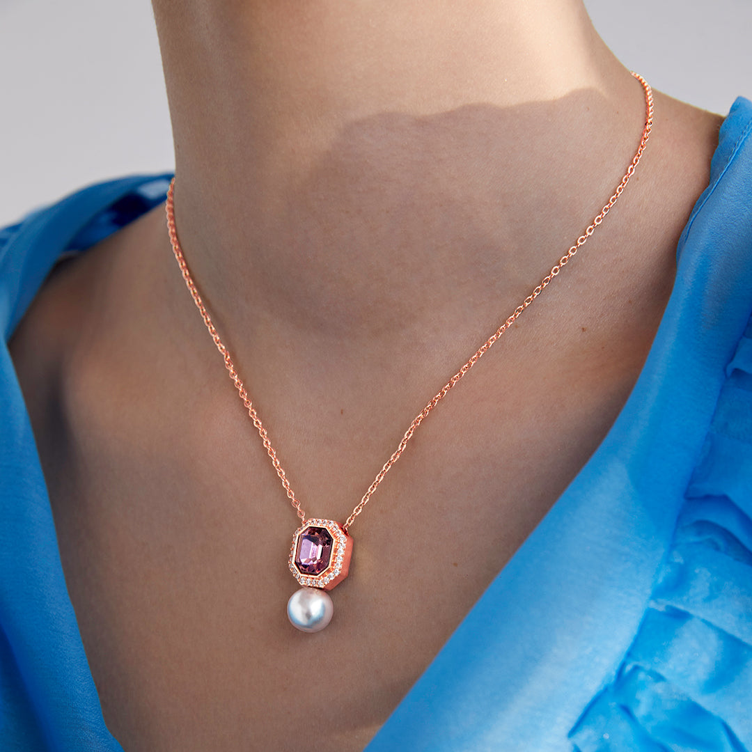 Elegant Emerald Cut Rose Silver Gold Plated CZ Pearl Brass Necklace