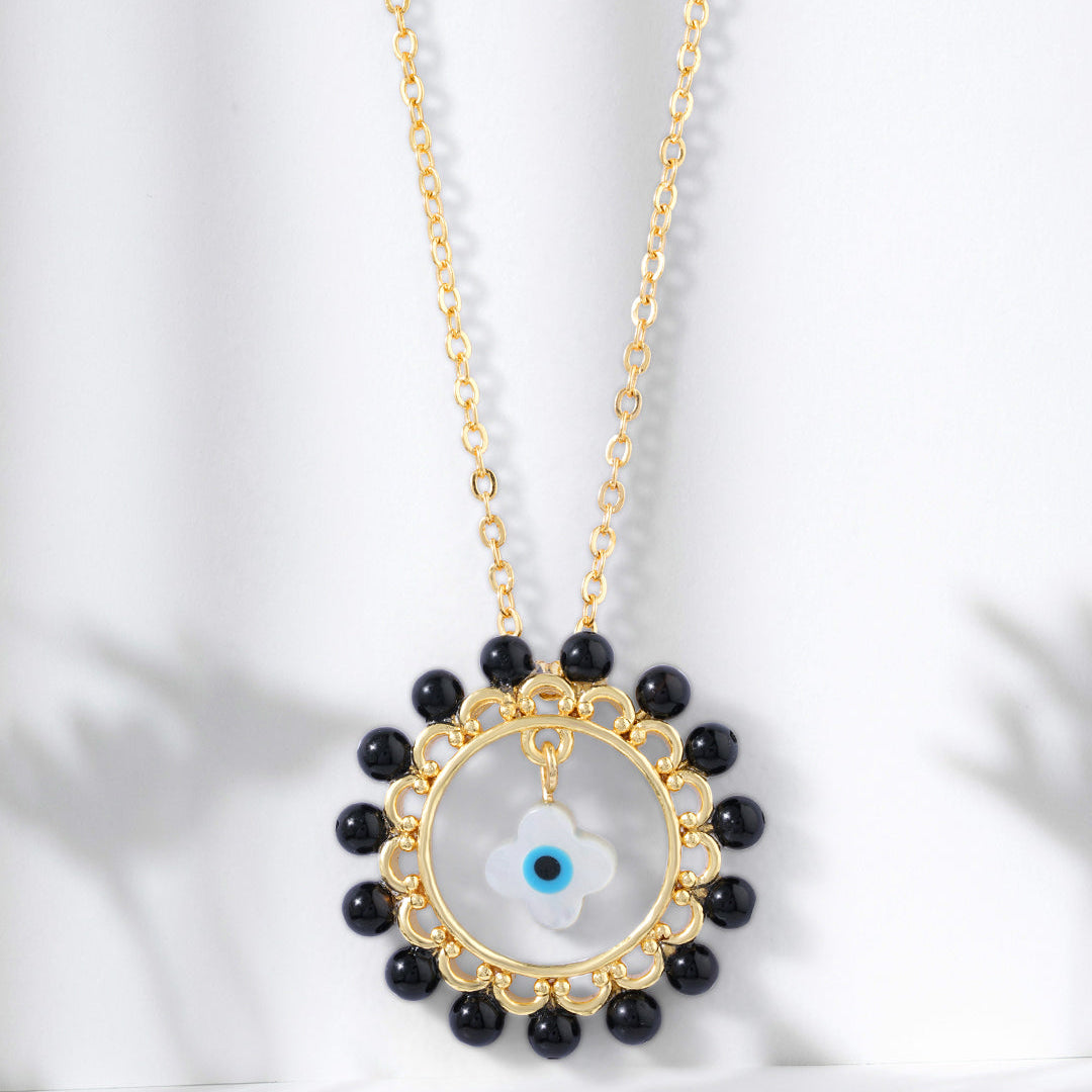 Evil Eye Floral Rose Silver Gold Plated CZ Black Beads Brass Necklace
