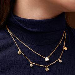Double Layer Disc Charm Rose Silver Gold CZ Anti Tarnish Brass Necklace