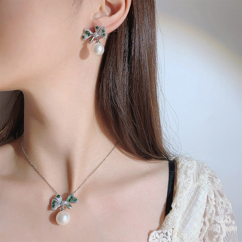 Bow Green White Silver Cubic Zirconia Pearl Anti Tarnish Pendant Earring For Women