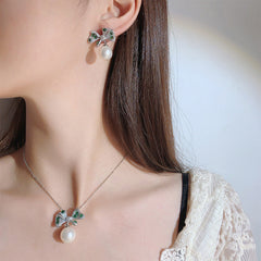 Bow Green White Silver Cubic Zirconia Pearl Anti Tarnish Pendant Earring For Women