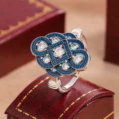 Designer Blue Floral Silver Plated CZ Copper Anti Tarnish Cocktail Ring
