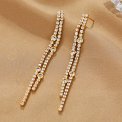 Luxury Double Line Tassel Gold Plated CZ Stainless Steel Drop Earrings