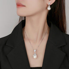 Drop White Silver Pearl Cubic Zirconia Necklace Earring Set For Women