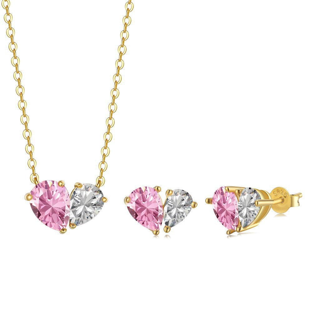 Heart Cut Pink & White Gold Silver Plated CZ Copper Necklace Earring Set