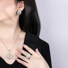 Flower Rectangle Yellow Gemstone Silver Cubic Zirconia Necklace Earring Ring Set For Women