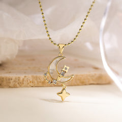 White Celestial Moon Star Gold Mother Of Pearl Copper Pendant Chain Women