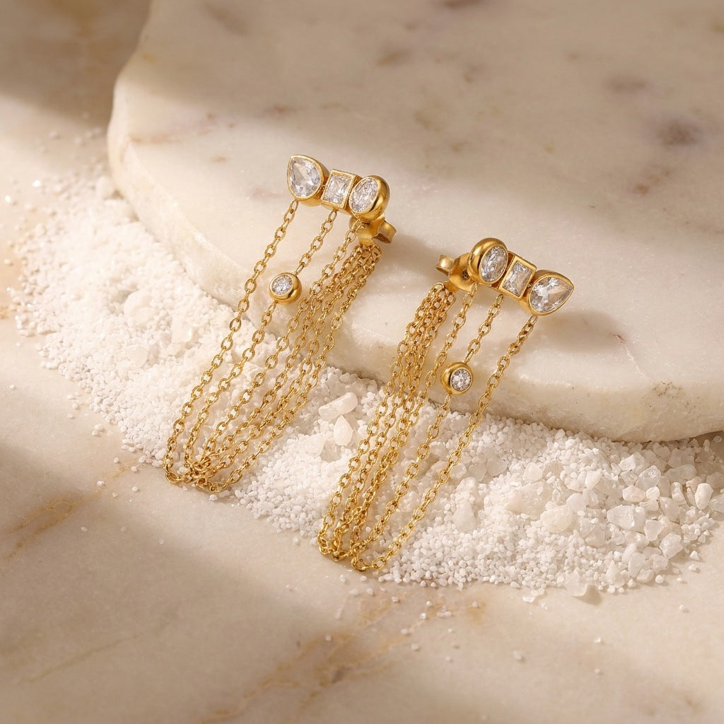 Luxury Triple Chain Gold Plated CZ Anti Tarnish Copper Drop Earrings