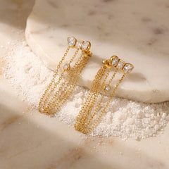Luxury Triple Chain Gold Plated CZ Anti Tarnish Copper Drop Earrings