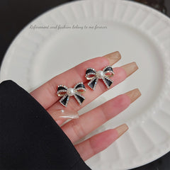 Black Bow Knot Gold Plated Rhinestone Pearl Stud Earrings For Women