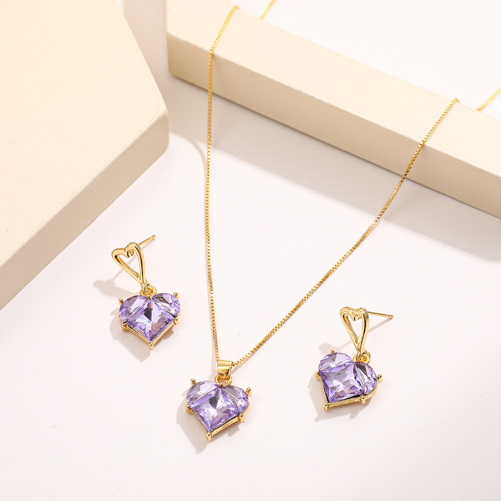 Multi Color Heart Gold Crystal Necklace Earring Set  For Women 
