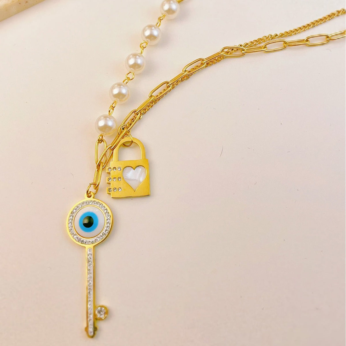 Heart Key Lock Evil Eye Pearl 18K Gold Stainless Steel Necklace Chain For Women