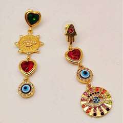Multi Color Evil Eye Heart Hamsa Gold Cubic Zirconia Dangler Earrings