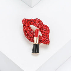 Red Lips & Lipstick Gold Plated Rhinestone Brooch For Women