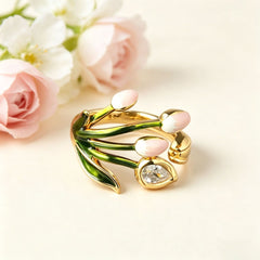 Pink Green Tulip Flower Gold Copper Anti Tarnish Adjustable Ring For Women