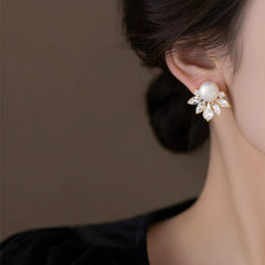 White Crown Pearl Gold Cubic Zirconia Copper Stud Earrings Women