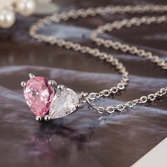 Heart Cut Pink & White Gold Silver Plated CZ Copper Necklace Earring Set
