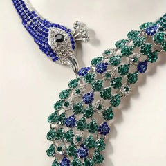 Peacock Style Silver Plated Blue Green & White Rhinestone Alloy Necklace