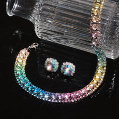 Multi Color Choker Tennis Silver Rhinestone Necklace Earring Set Women