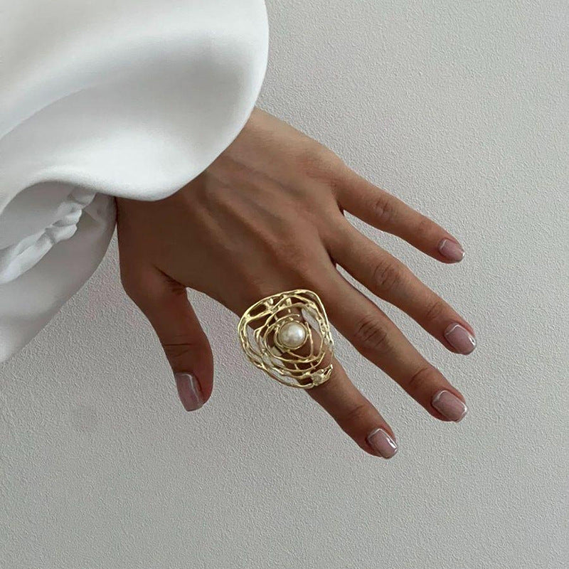 Filigree Pearl 18K Gold Plated Anti Tarnish Free Size Ring For Women